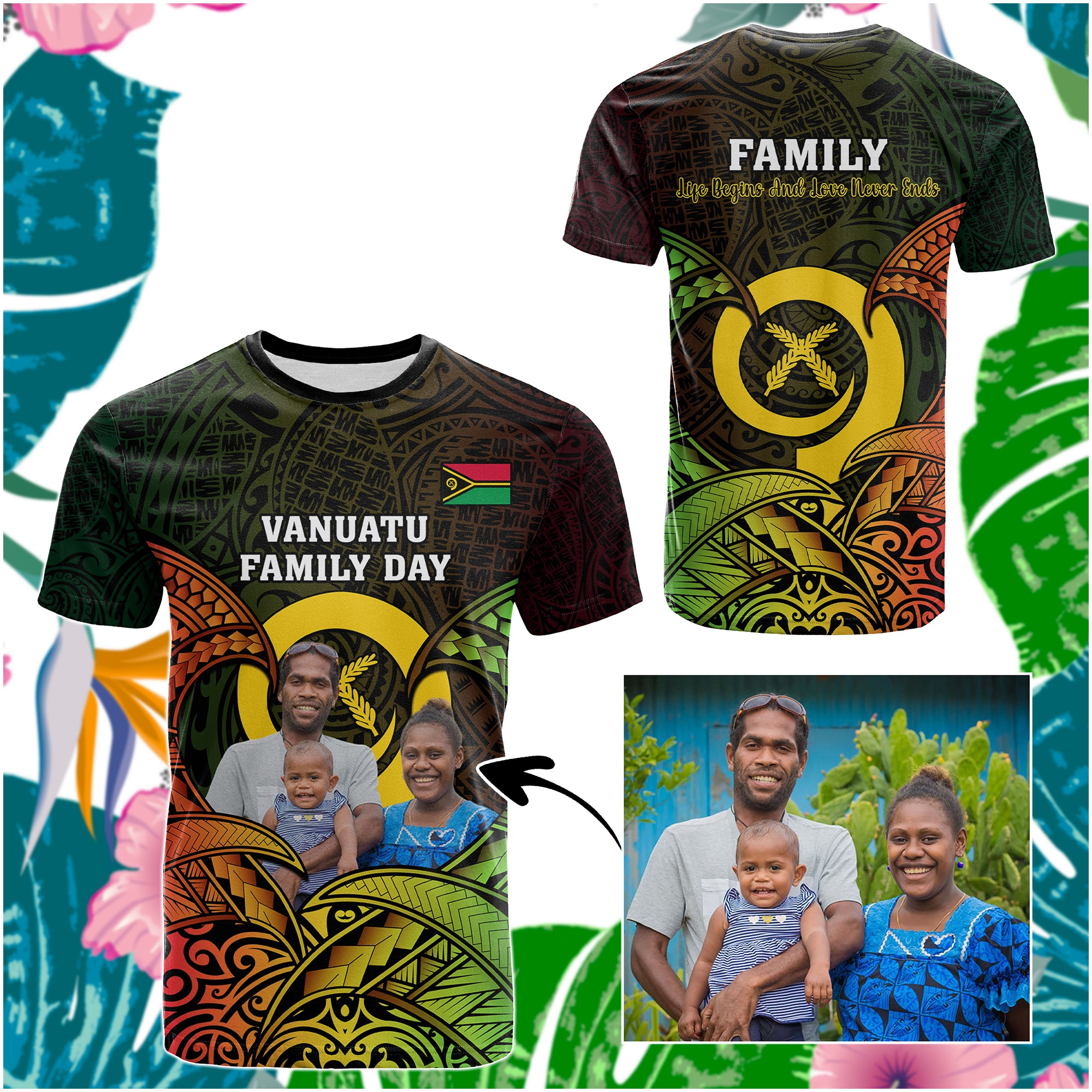 Custom Photo Vanuatu Family Day T Shirt Vanuatuan Pig Tusk Reggae Polynesian Pattern CTM14 - Polynesian Pride