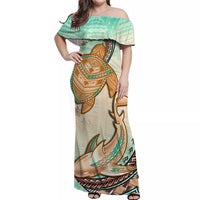 Hawaii Off Shoulder Long Dress Polynesian Shark And Sea Turtle Dreamy Turquoise Artsy LT14 - Polynesian Pride