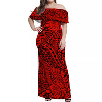 Hawaii Off Shoulder Long Dress Polynesian Tribal Art Ver.02 LT14 Women Red - Polynesian Pride