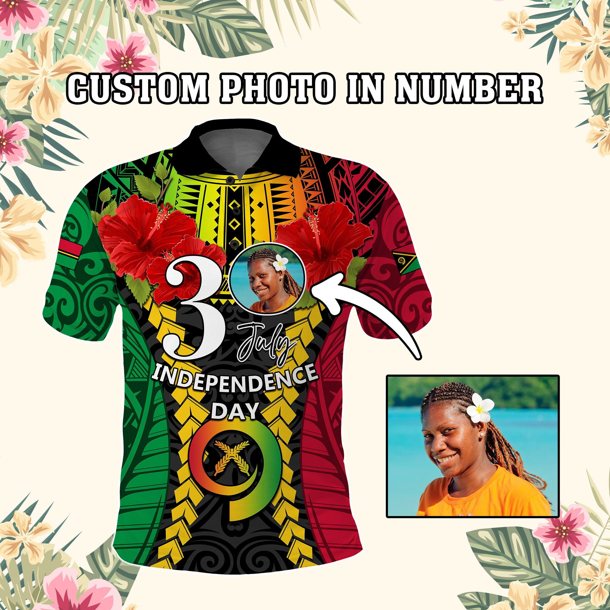 Custom Photo Vanuatu Independence Day Polo Shirt Pig Tusk Polynesian Pattern CTM05