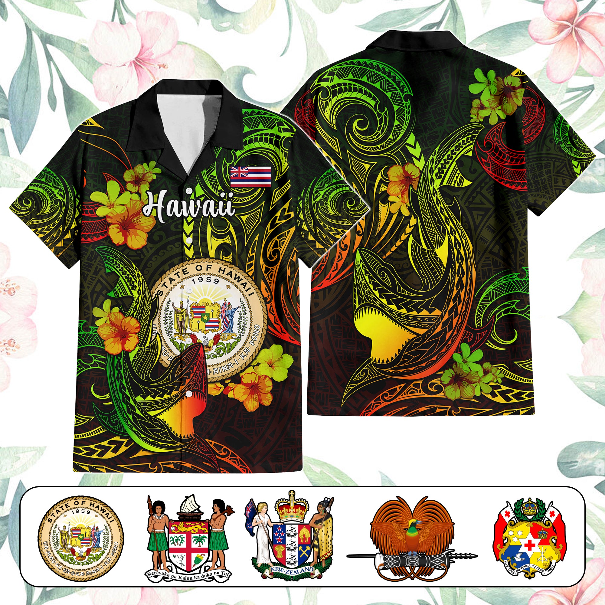 Custom Polynesian Countries Hawaiian Shirt Coat Of Arms Polynesian Tribal Tattoo Shark CTM05 Unisex - Polynesian Pride