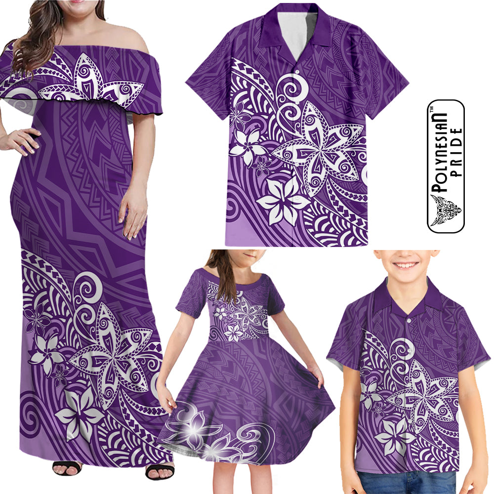 Hawaii Family Matching Outfits Polynesia Off Shoulder Maxi Dress And Shirt Family Set Clothes Plumeria Purple Curves LT7 Purple - Polynesian Pride
