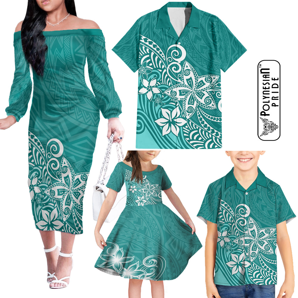 Hawaii Family Matching Outfits Polynesia Off Shoulder Long Sleeve Dress And Shirt Family Set Clothes Plumeria Teal Curves LT7 Teal - Polynesian Pride