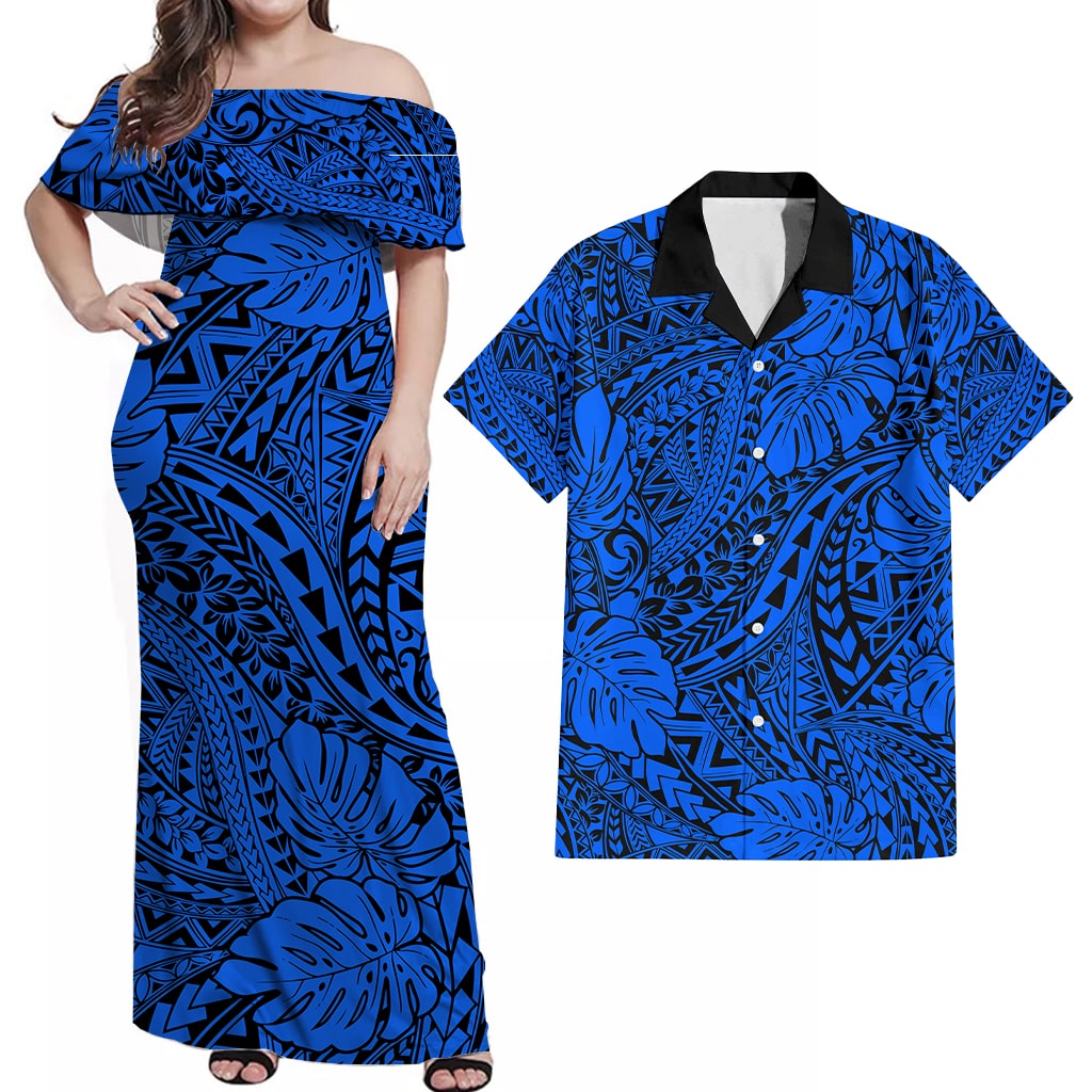 Matching Hawaiian Outfits For Couples Polynesian Tribal Art Blue LT14