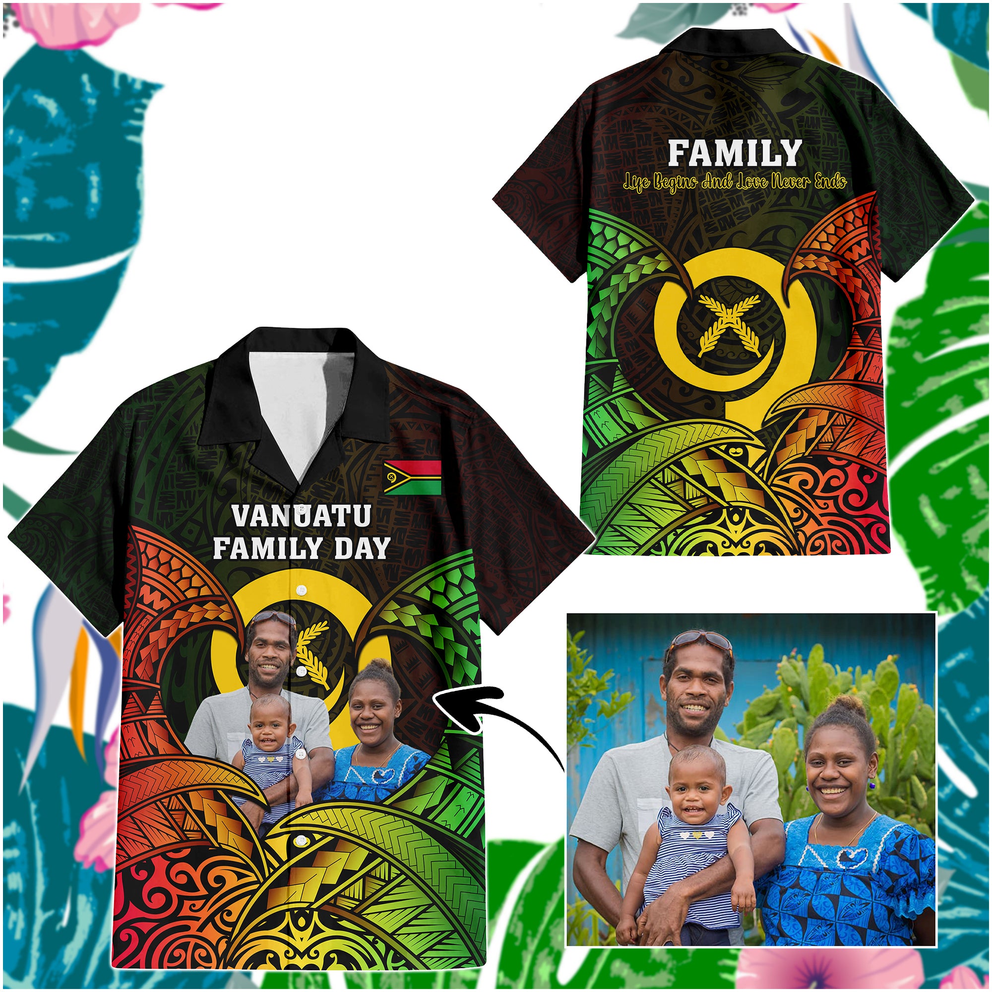 Custom Photo Vanuatu Family Day Hawaiian Shirt Vanuatuan Pig Tusk Reggae Polynesian Pattern CTM14 Unisex - Polynesian Pride