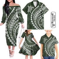 Hawaii Family Matching Outfits Polynesian Pride Off Shoulder Long Sleeve Dress And Shirt Family Set Clothes Turtle Hibiscus Luxury Style - Sage LT7 - Polynesian Pride