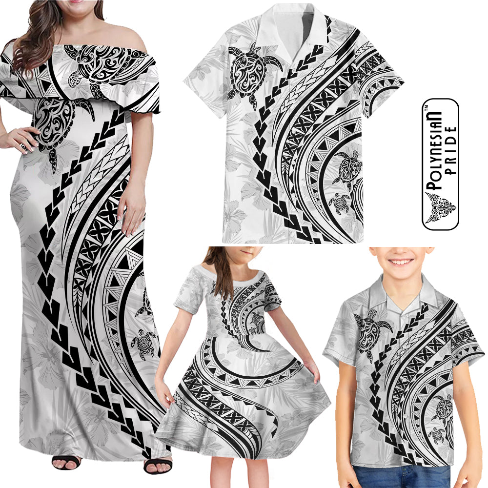 Hawaii Family Matching Outfits Polynesian Pride Off Shoulder Maxi Dress And Shirt Family Set Clothes Turtle Hibiscus Luxury Style - White LT7 White - Polynesian Pride