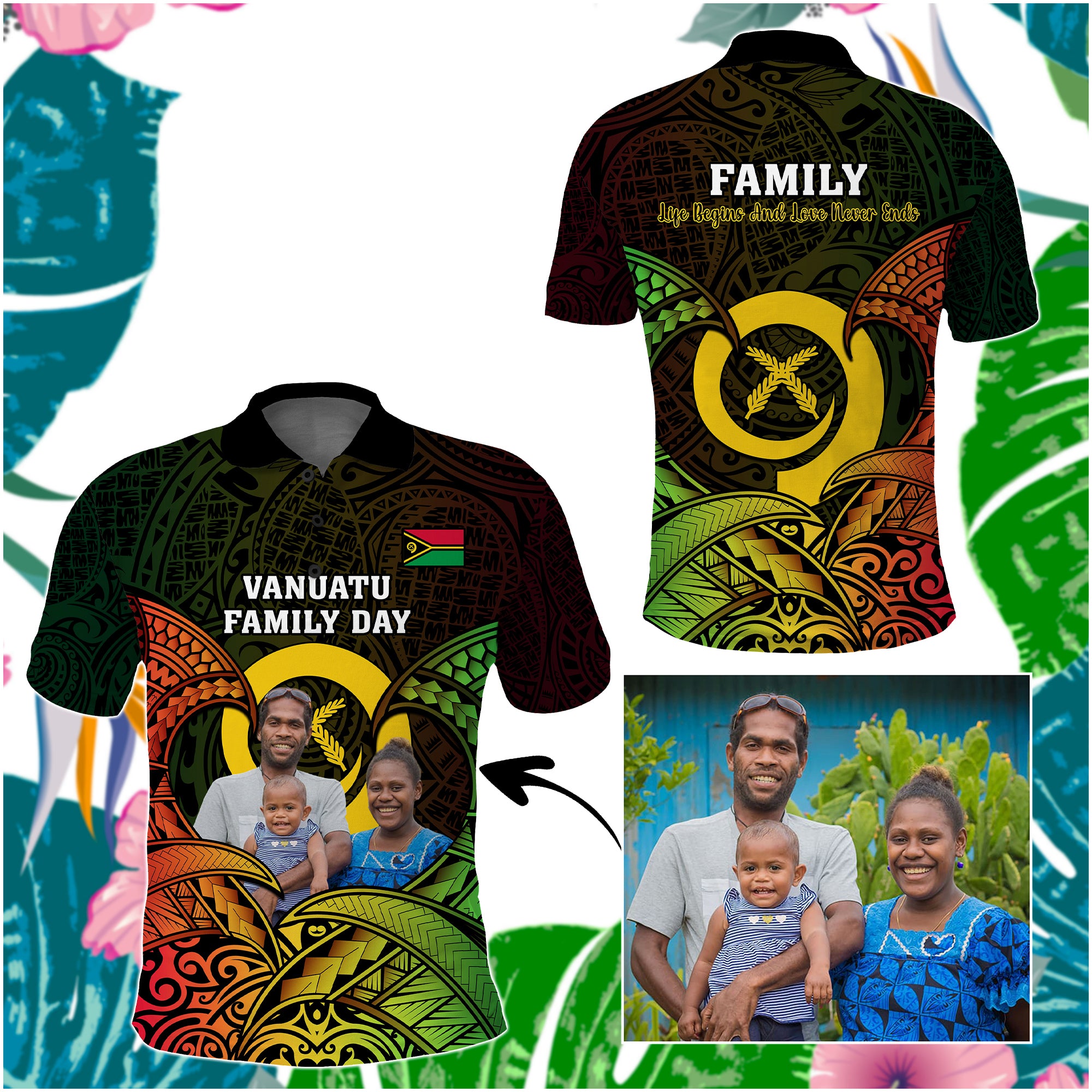 Custom Photo Vanuatu Family Day Polo Shirt Vanuatuan Pig Tusk Reggae Polynesian Pattern CTM14 - Polynesian Pride