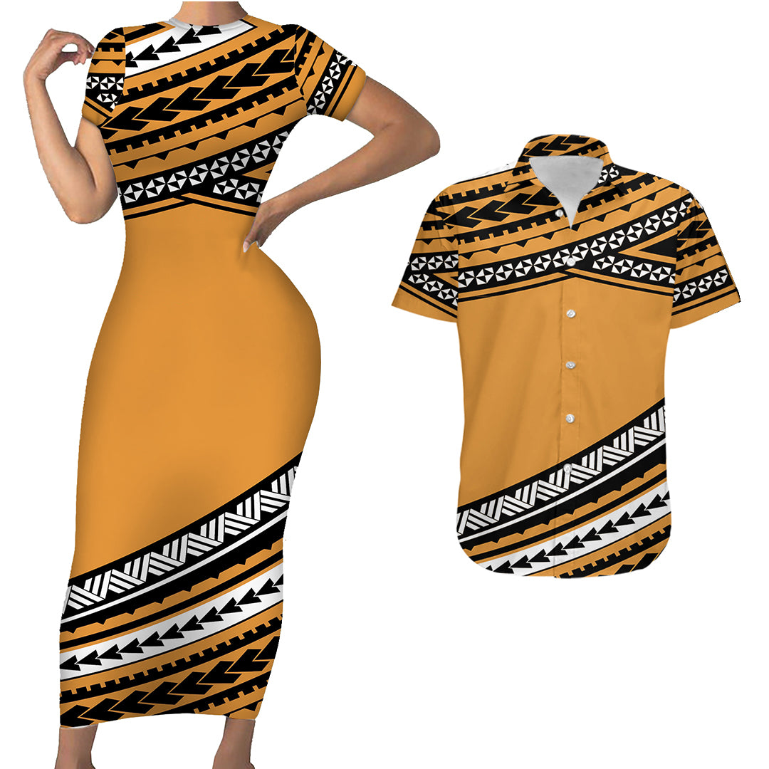 Polynesian Couples Matching Outfits Combo Bodycon Dress And Hawaii Shirt Simple Gold No.1 LT6 - Polynesian Pride