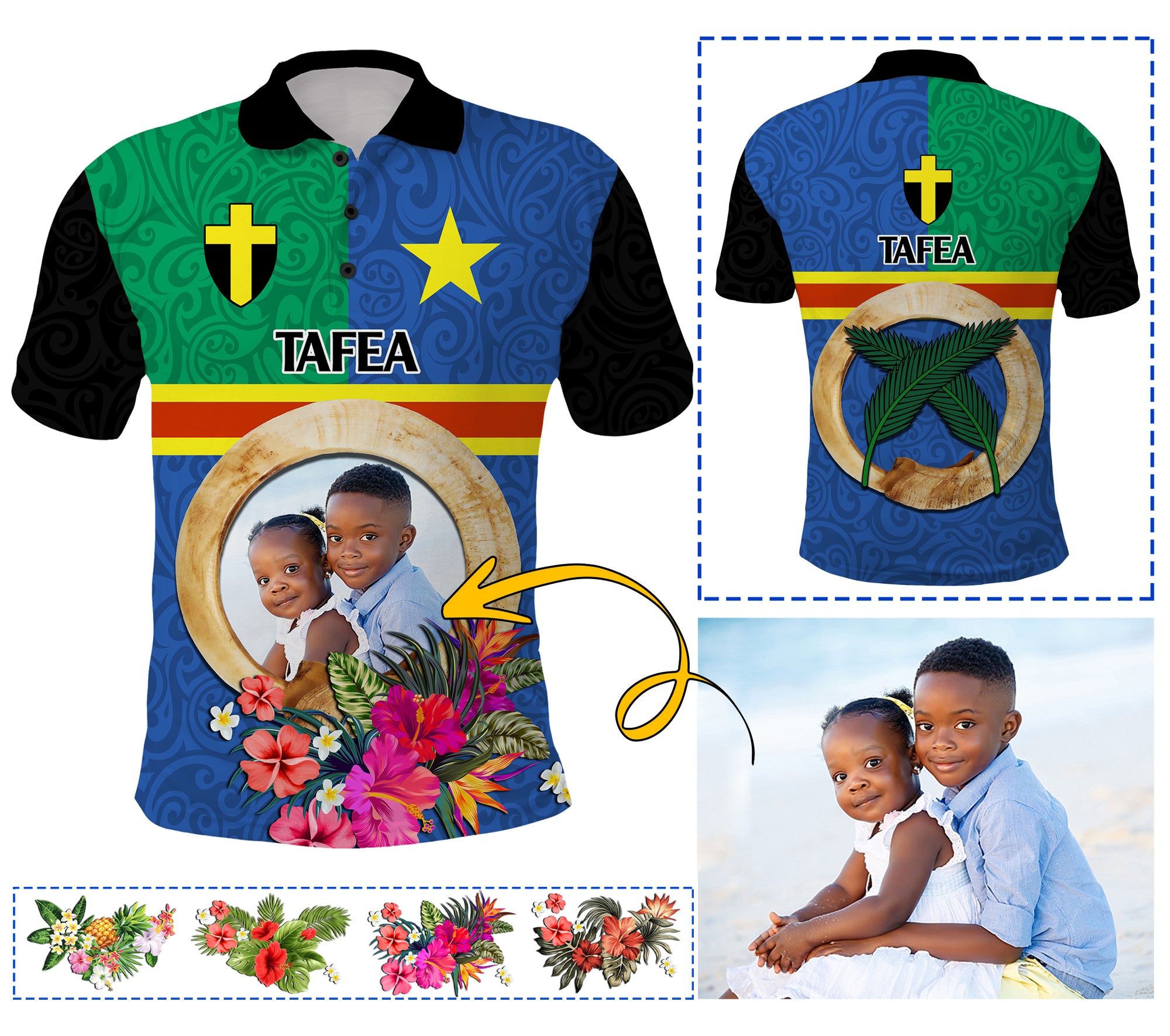 Tafea Province Custom Polo Shirt With Photo Vanuatuan Boar's Tusk Flag Multicolored CTM09 - Polynesian Pride