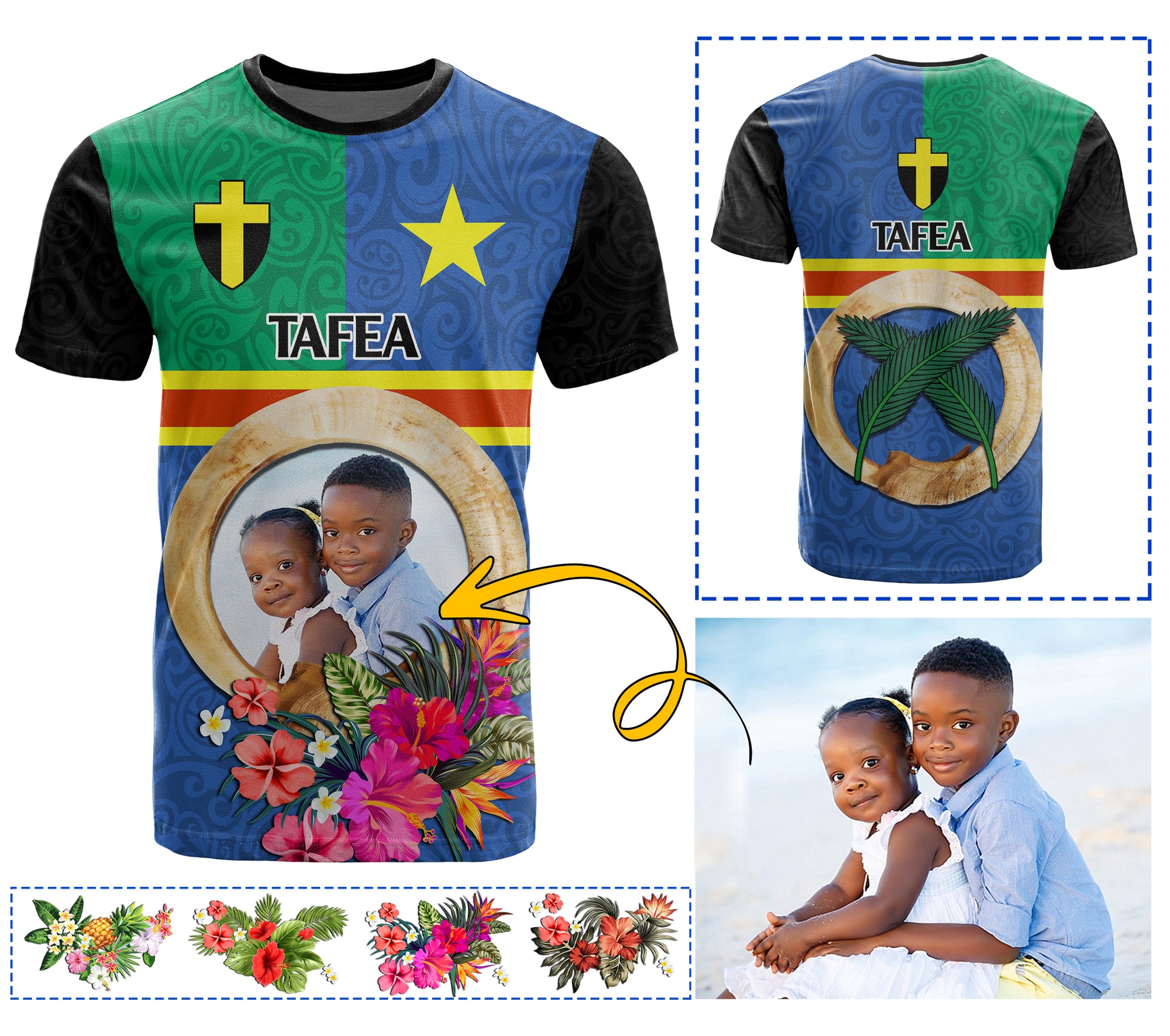 Tafea Province Custom T Shirt With Photo Vanuatuan Boar's Tusk Flag Multicolored CTM09 - Polynesian Pride