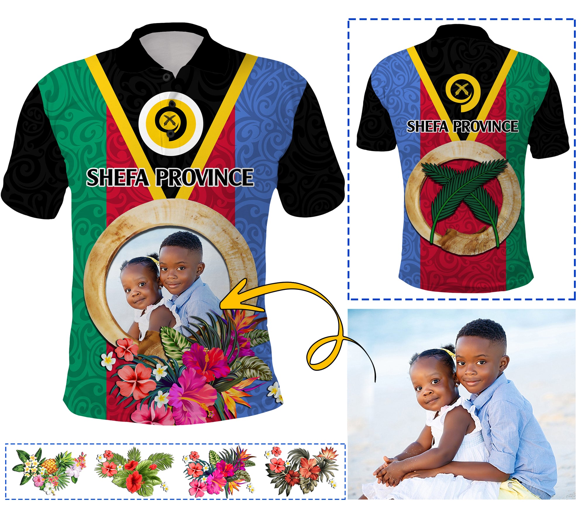 Shefa Province Custom Polo Shirt With Photo Vanuatuan Boar's Tusk Flag Multicolored CTM09 - Polynesian Pride