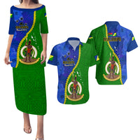 Matching Outfit For Couples Vanuatu Malampa Province Puletasi Dress and Hawaiian Shirt Turtle Sand Drawing Unique Tapa LT14 Green - Polynesian Pride