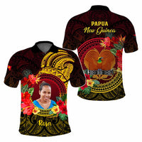 Custom Photo Papua New Guinea Polo Shirt Coat Of Arms Tropical Flowers Polynesian Pattern CTM05