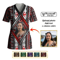 Personalised Aotearoa Iwi Photo Name Scrub Top Traditional Maori Taniko Kowhaiwhai Pattern