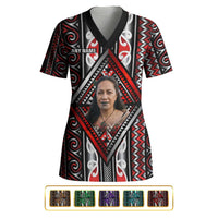 Personalised Aotearoa Iwi Photo Name Scrub Top Traditional Maori Taniko Kowhaiwhai Pattern