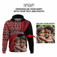 Custom Upload Image Aotearoa Silver Fern Hoodie Red Taniko Motif