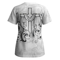 Custom Photo Name Polynesian White Sunday Scrub Top Tribal Art Heart with Cross
