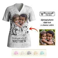Custom Photo Name Polynesian White Sunday Scrub Top Tribal Art Heart with Cross