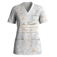 Christian Cross Floral Personalized Text Scrub Top Polynesian Plumeria Tribal Motif