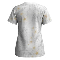 Christian Cross Floral Personalized Text Scrub Top Polynesian Plumeria Tribal Motif