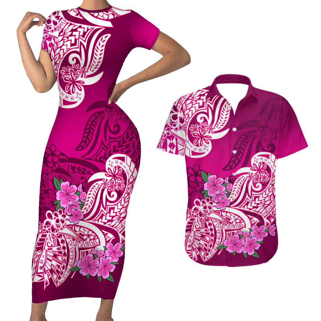 Polynesian Couple Matching Outfit Floral Tribal Combo Short Sleeve Bodycon Long Dress and Hawaiian Shirt Pink LT9 - Polynesian Pride