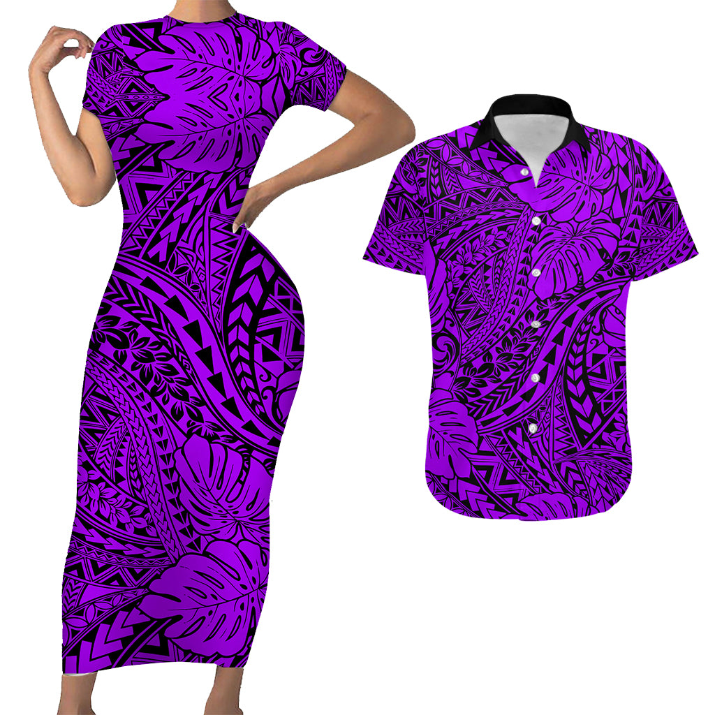Hawaii Couples Matching Short Sleeve Bodycon Dress and Hawaiian Shirt Purple Polynesian Tribal Art LT14 Purple - Polynesian Pride