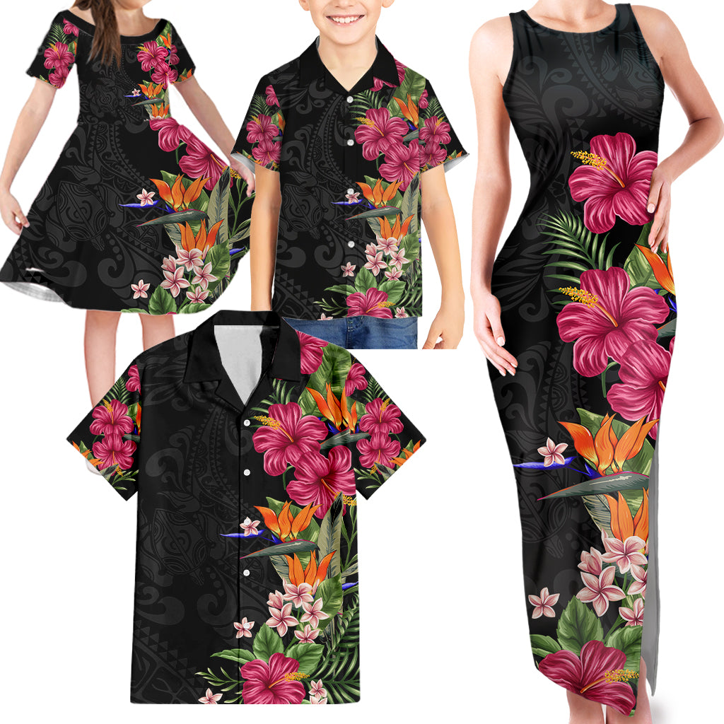 Hawaii Flowers Tribal Pattern Family Matching Tank Maxi Dress and Hawaiian Shirt LT9 - Polynesian Pride