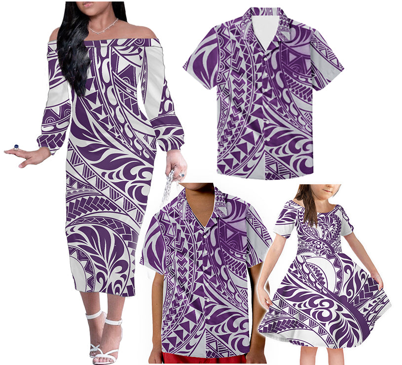 Purple Polynesian Tribal Family Matching Outfits Polynesian Off Shoulder Long Sleeve Dress And Shirt Family Set LT9 - Polynesian Pride