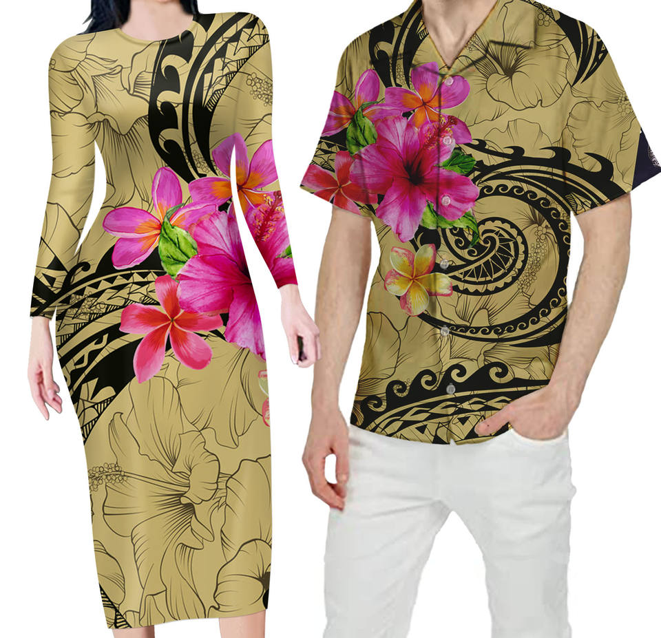 Matching Outfit For Couples Hawaii Tropical Flowers Polynesian Tribal Wave Bodycon Dress And Hawaii Shirt - Polynesian Pride