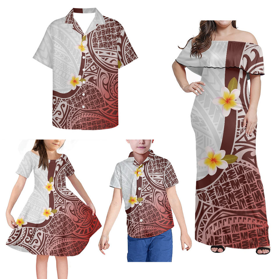 Polynesian Matching Clothes For Family Polynesian Tribal Plumeria Flowers Off Shoulder Long Sleeve Dress And Shirt - Polynesian Pride