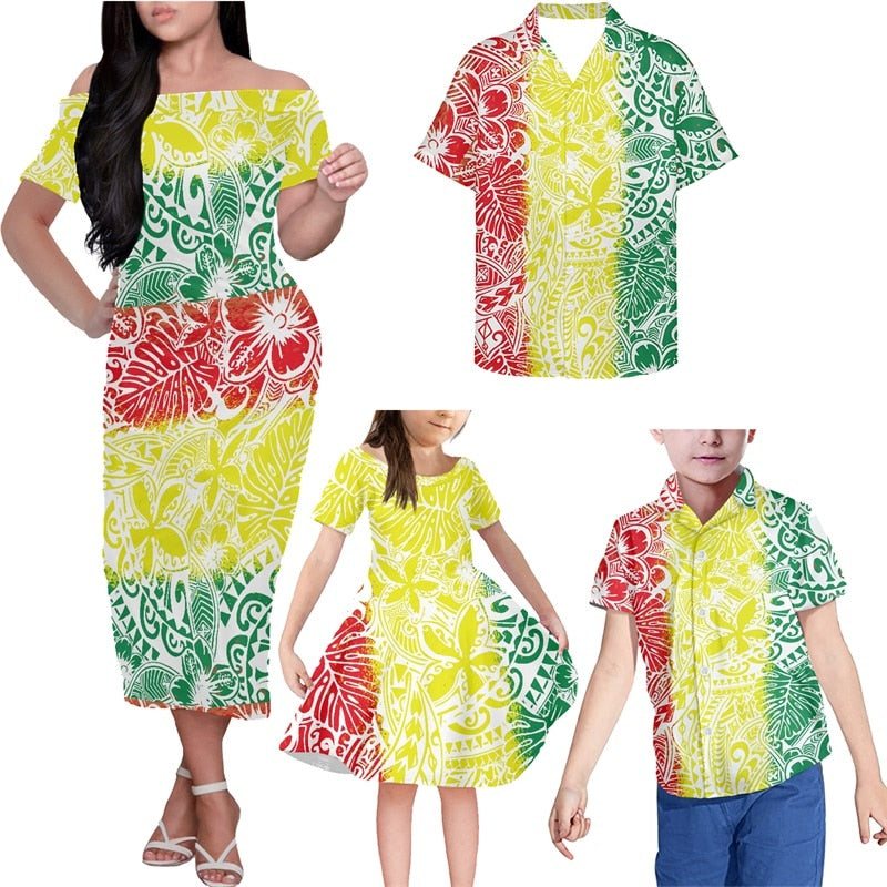 Hawaiian Family Matching Outfits Polynesian Tribal Colorful Off Shoulder Long Sleeve Dress And Shirt - Polynesian Pride