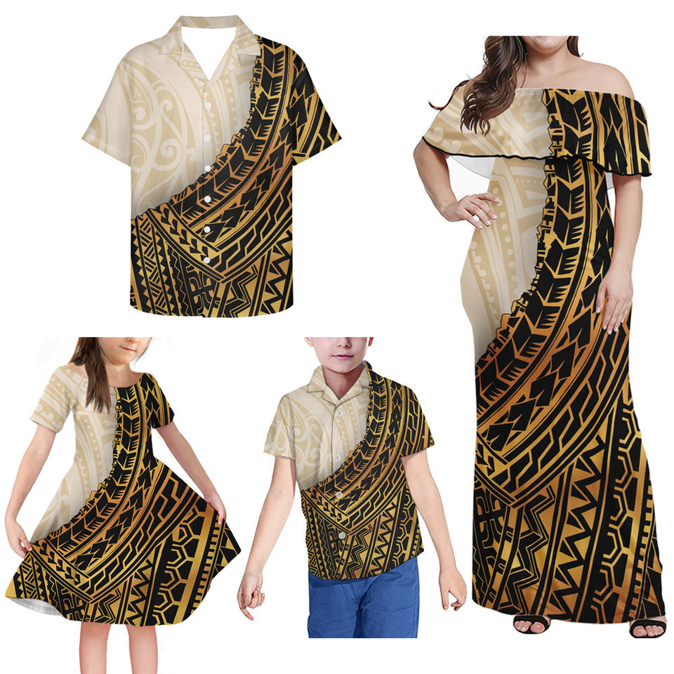 Polynesian Matching Clothes For Family Polynesian Tribal Tattoo Printed Off Shoulder Long Sleeve Dress And Shirt - Polynesian Pride
