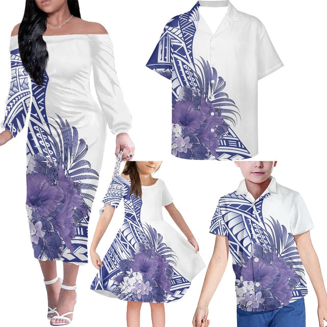 White Family Matching Outfits Hawaii Flowers Off Shoulder Long Sleeve Dress And Shirt Family Set Clothes - Polynesian Pride