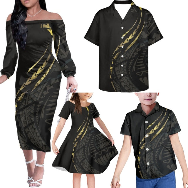 Black Family Matching Outfits Hawaii Polynesian Tribal Off Shoulder Long Sleeve Dress And Shirt Family Set Clothes - Polynesian Pride