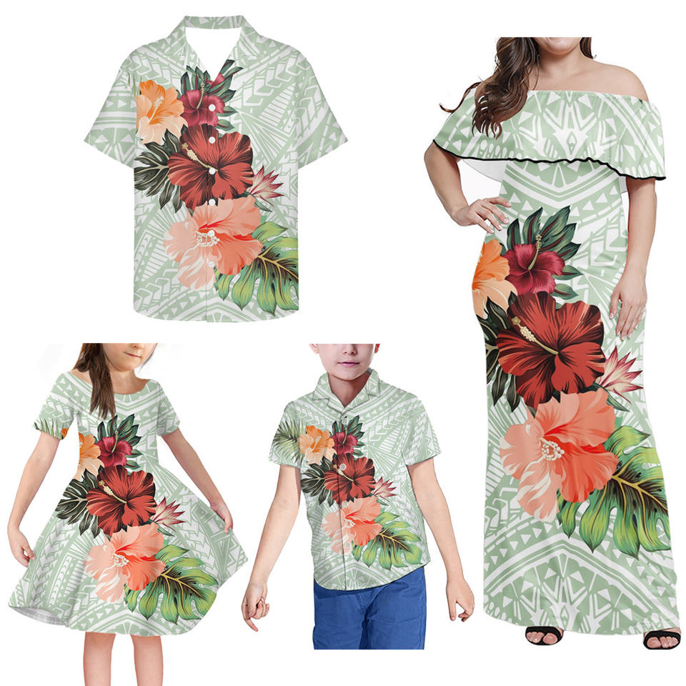 Polynesian Family Matching Outfit Hawaii Floral Tropical Off Shoulder Long Sleeve Dress And Hawaii Shirt - Polynesian Pride