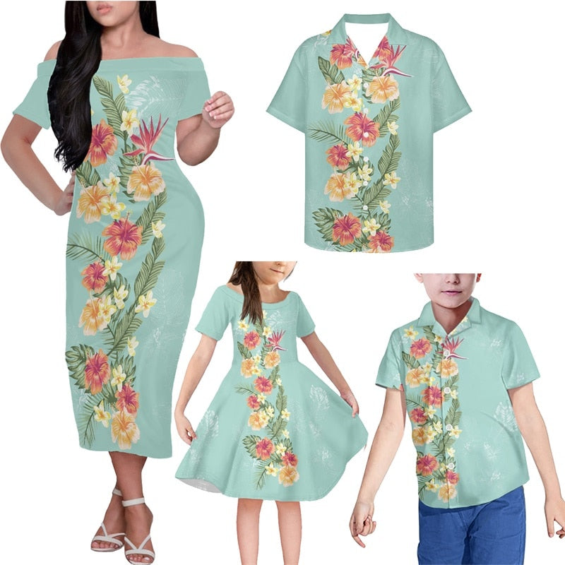 Hawaii Tropical Family Matching Outfit Hibiscus Flowers Polynesian Off Shoulder Long Sleeve Dress And Shirt Family Set - Polynesian Pride