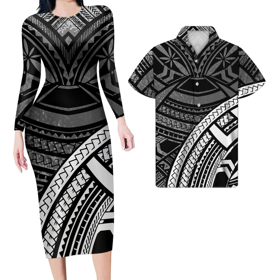 Hawaii Black And White Matching Outfit For Couples Polynesian Tribal Bodycon Dress And Hawaii Shirt - Polynesian Pride