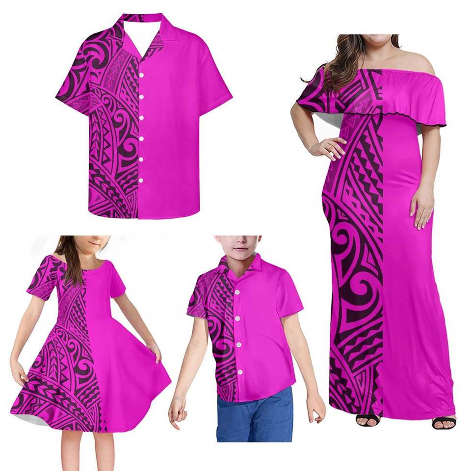 Polynesian Family Matching Outfit Polynesian Tribal Half Style Pink Off Shoulder Long Sleeve Dress And Shirt - Polynesian Pride