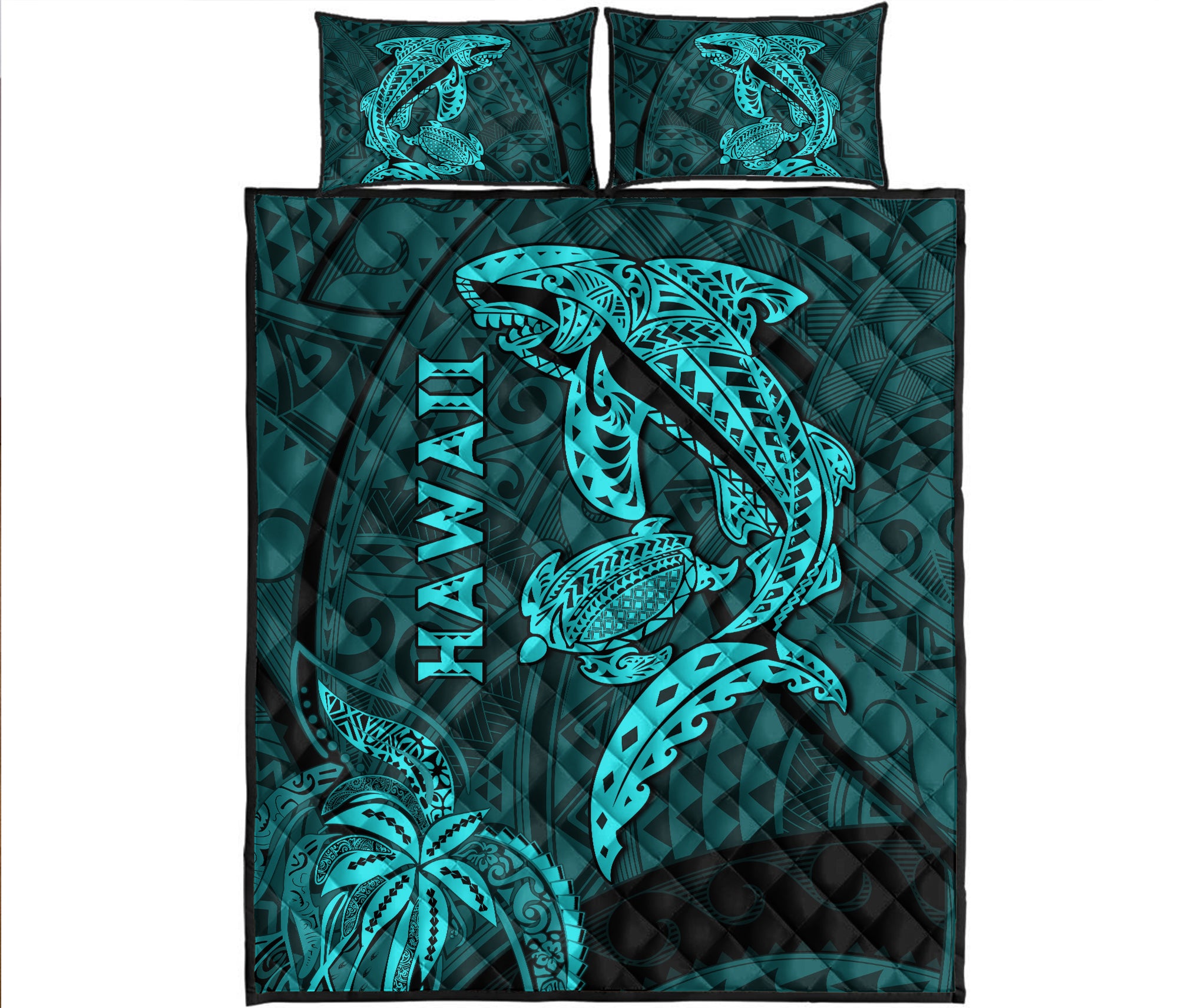 hawaii-shark-and-turtle-quilt-bed-set-with-turquoise-kakau