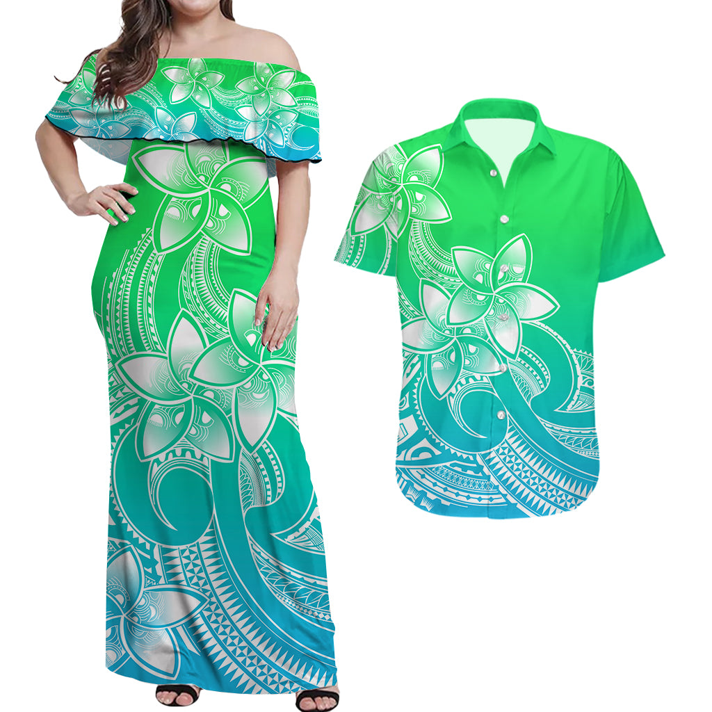 Polynesian Couple Outfits Plumeria Flowers Matching Dress and Hawaiian Shirt Polynesian Tribal Gradient Green LT9 Gradient Green - Polynesian Pride