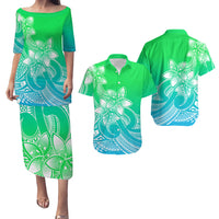 Polynesian Couple Outfits Plumeria Flowers Puletasi Dress and Hawaiian Shirt Polynesian Tribal Gradient Green LT9 Gradient Green - Polynesian Pride