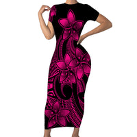 Polynesian Pride Plumeria Flowers Short Sleeve Body Long Dress Polynesian Tribal Pink Vibe LT9 Long Dress Pink - Polynesian Pride