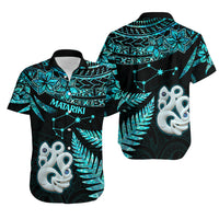 Couples Matching Hawaiian Outfits Matariki New Zealand Puletasi Dress and Hawaiian Shirt Manaia with Paua Shell - Aqua LT9 - Polynesian Pride