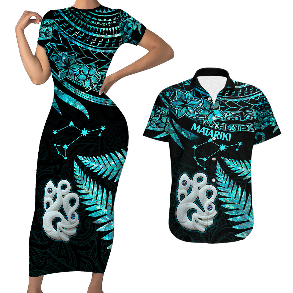 Matching Outfits For Couples Maori Short Sleeve Body Long Dress and Hawaiian Shirt Matariki Stars Manaia with Paua Shell - Aqua LT9 Aqua - Polynesian Pride