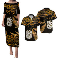 Couples Matching Hawaiian Outfits Matariki New Zealand Puletasi Dress and Hawaiian Shirt Manaia with Paua Shell - Gold LT9 Gold - Polynesian Pride