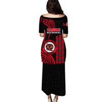Matching Outfit For Couples Hawaii Kahuku High And Intermediate School Puletasi Dress and Hawaiian Shirt Polynesian Kakau Pattern LT14 - Polynesian Pride