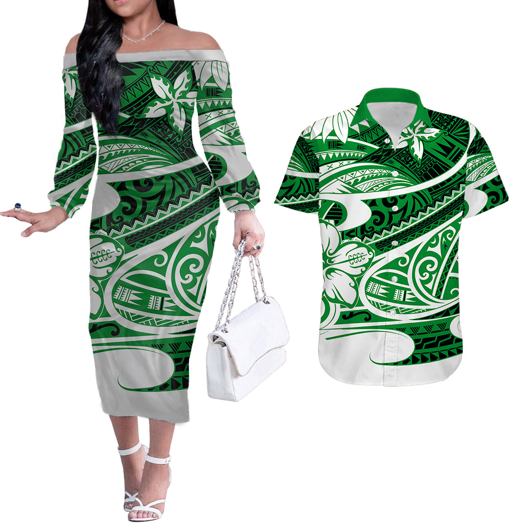 Polynesian Tribal Couples Matching Outfits Combo Long Sleeve Dress And Hawaiian Shirt Green LT6 Green - Polynesian Pride