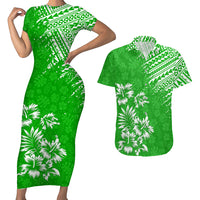 Hawaii Summer Couples Matching Outfits Combo Bodycon Dress And Hawaii Shirt Mix Polynesian Green LT6 4XL - Polynesian Pride