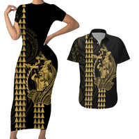 Polynesian Couples Matching Outfits Combo Bodycon Dress And Hawaii Shirt Hawaiian Warrior and Aloha Girl With Hammerhead Shark Tattoos Gold LT6 4XL - Polynesian Pride